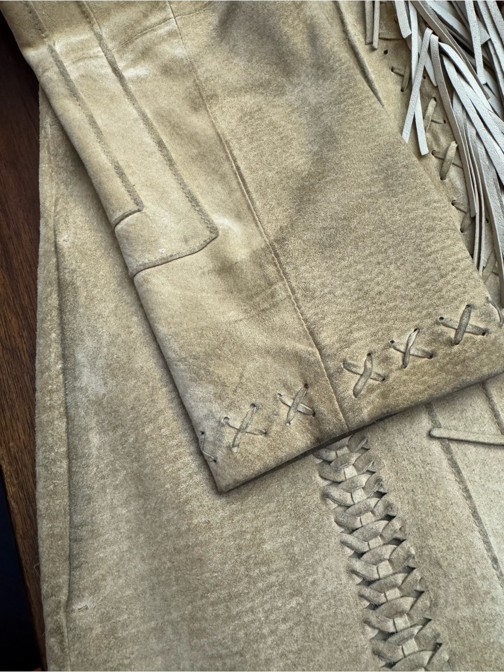 Vintage Victoria’s Secret Moda International Fringe Trim Suede Long Coat - Tan - Picture 5 of 9